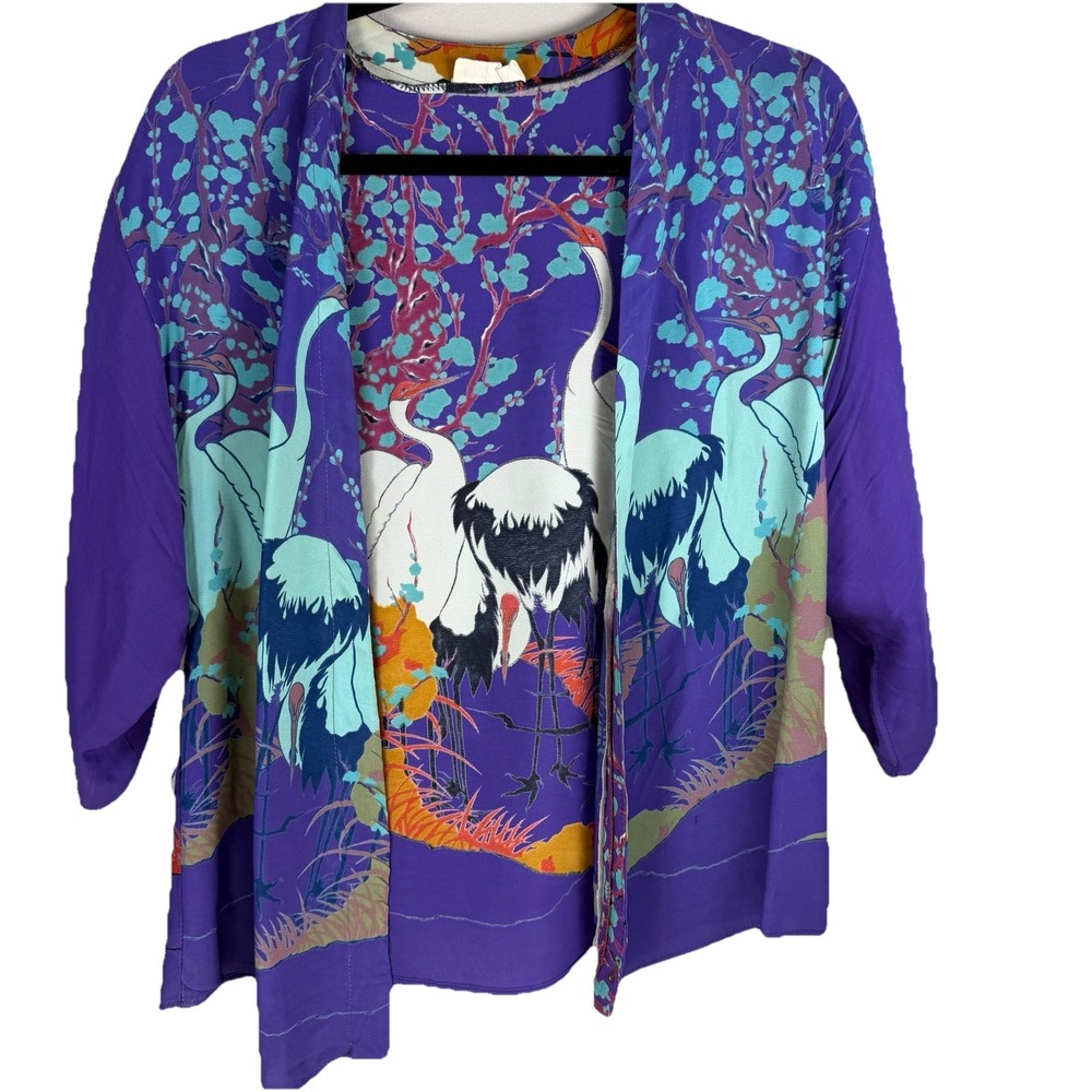 Catch VTG Unique One Size Open Kimono Bird Jacket Top‎ Colorful Floral Up To XL